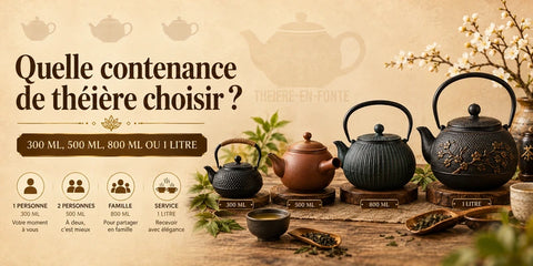 Quelle contenance de théière choisir : quatre théières en fonte de 300 ml, 500 ml, 800 ml et 1 litre alignées avec une tasse