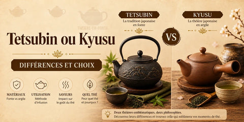Tetsubin ou kyusu : comparaison d'une théière en fonte noire et d'une théière japonaise en argile avec tasses de thé vert