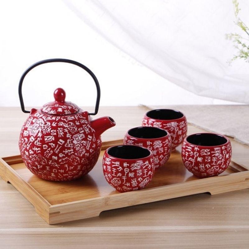 Service à thé japonais ancien rouge, Livraison Offerte