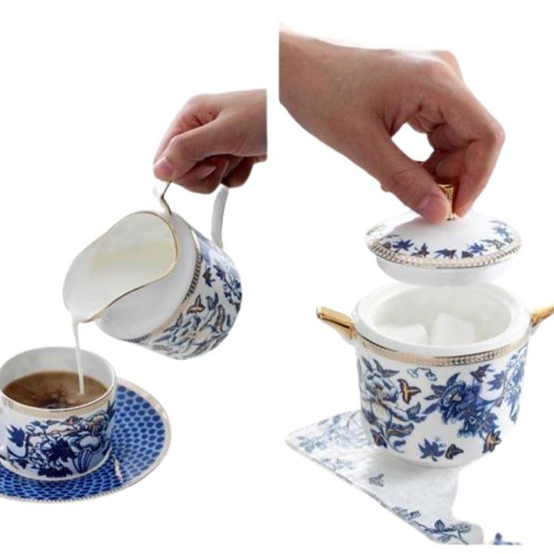 ACMLIFE Service à thé et à café en porcelaine anglaise, 21 pièces en  porcelaine pour 6 personnes, avec théière, sucrier, pichet à crème et  cuillères à
