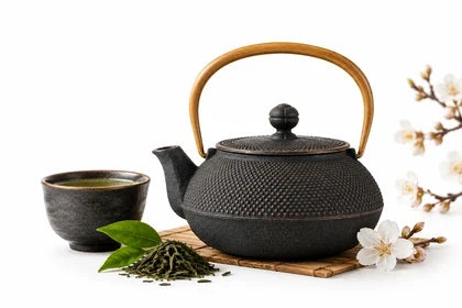 Théière en fonte japonaise noire avec tasse de thé vert et fleurs de cerisier
