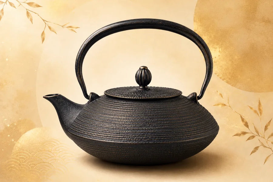 Théière en fonte japonaise allongée avec des lignes horizontales