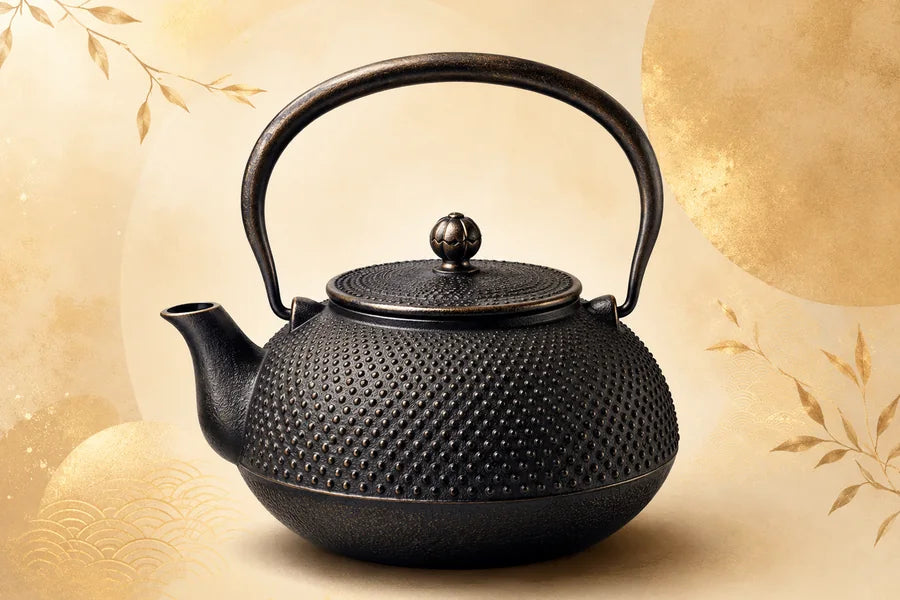 Théière en fonte noire au motif arare sur un fond crème et doré