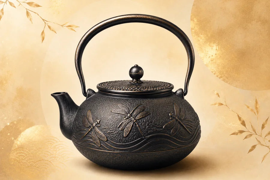 Théière en fonte noire ornée de libellules et d’accents dorés