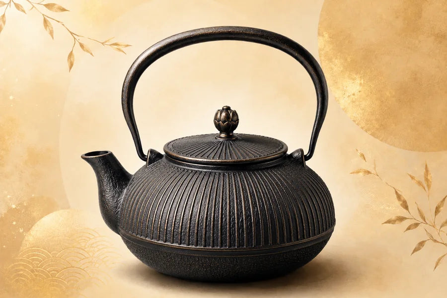 Théière en fonte noire au motif rayonnant sur un décor japonais doré