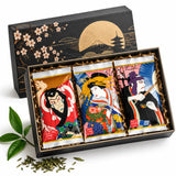 Coffret cadeau de trois thés verts japonais : boîte noire au couvercle décoré de fleurs de cerisier et de pleine lune, avec trois sachets illustrés