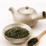 Théière kyusu et feuilles de thé vert sencha Shizuoka Manro