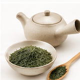 Théière kyusu et feuilles de thé vert sencha Shizuoka Manten
