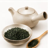 Théière kyusu et feuilles de thé vert sencha Shizuoka Ryokusui