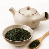 Théière kyusu et feuilles de thé vert sencha Shizuoka Takamidori