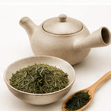 Théière kyusu et feuilles de thé vert sencha Shizuoka Tsuyu Hikari