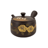 Théière Kyusu Japonaise Marron 370 ml, vue 1 : bec à gauche et fleurs jaunes peintes
