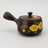 Théière Kyusu Japonaise Marron 370 ml, vue 2 : vue de côté avec fleurs jaunes et anse latérale