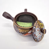 Théière Kyusu à motif Aka Fuji, couvercle posé à côté et intérieur ouvert