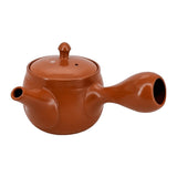 Théière kyusu japonaise en terre cuite rouge de Tokoname, vue de côté avec bec à gauche et anse latérale, 270 ml